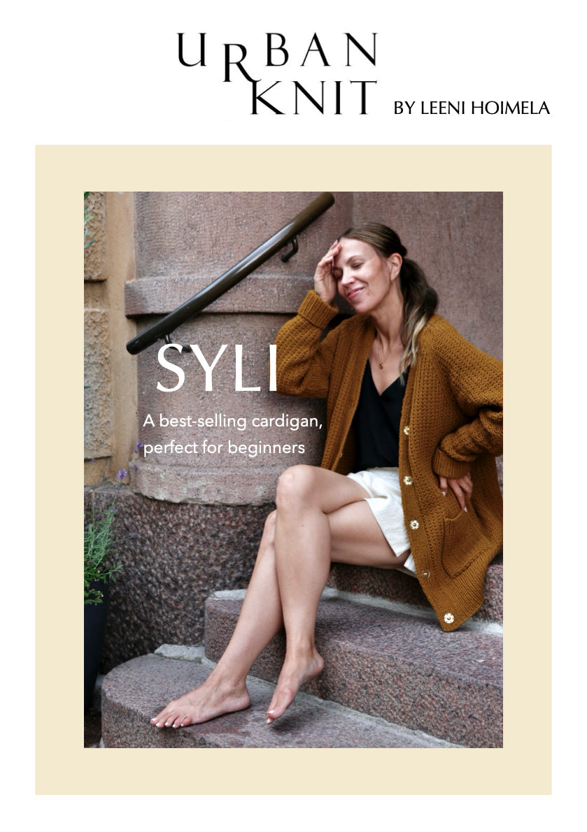 Popular Syli Cardigan knitting pattern, suitable for all skill levels, from Leeni Hoimela's Urban Knit book