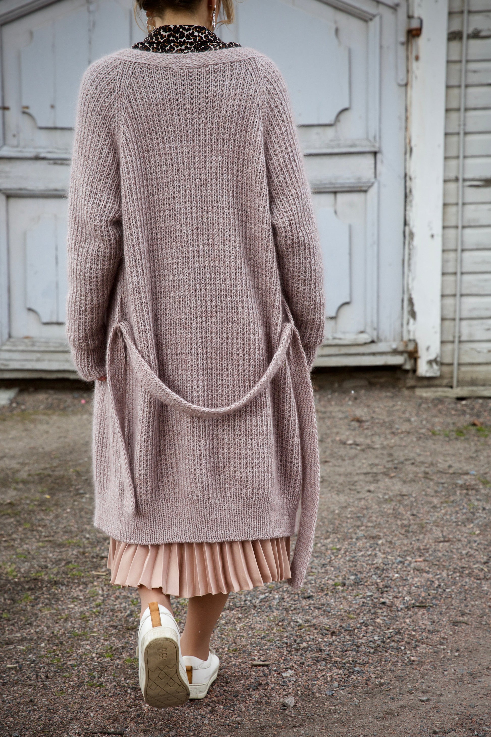 Long lavender cardigan knitting pattern, back view, worn as a coat-length layer